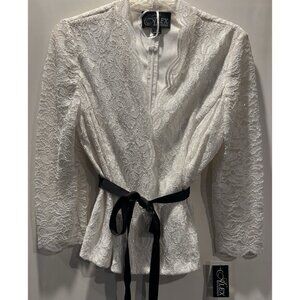 Alex Evenings elegant white lace top/black ribbon self-tie Size M NWT